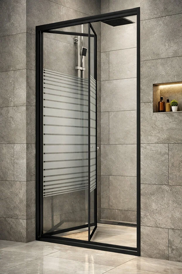 Dikdörtgen Ön Cephe Katlanır Akordiyon Kapı Siyah Çizgili Cam Duşakabin 190 cm